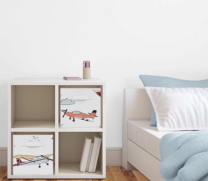 Sweet Jojo Designs Vintage Airplane Foldable Fabric Storage Cube Bins Boxes Organizer Toys Kids Baby Childrens - Set of 2 - Grey Yellow Orange Red White Blue Airplanes Air Plane Transportation Clouds