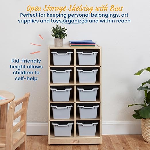 ECR4Kids 10 Cubby Tray Cabinet with Scoop Front Storage Bins, 5x2, Natural, Classroom Furniture, Light Grey