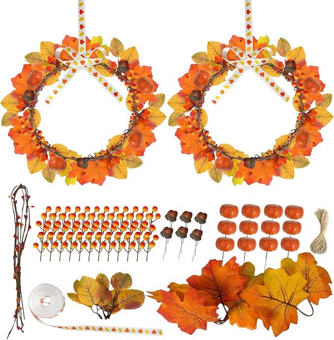 Cinrobiye 178 PCS Mini Fall Wreath Decorations Kits DIY Thanksgiving Maple Leaf Wreath for Front Door Autumn Candle Rings Wreaths Crafts for Garden Indoor Art Wall Hanging Wedding Table Home Decors