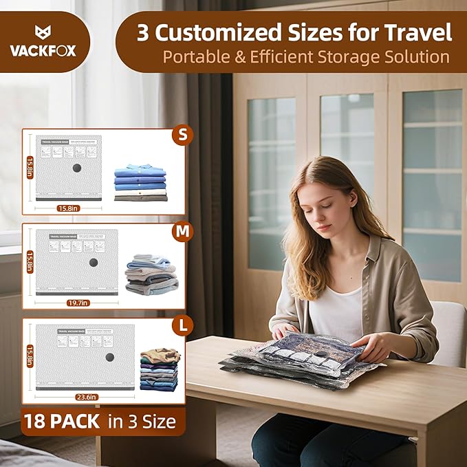 18 Pack Travel Vacuum Bags for Clothing,Compression Seal Packing Cubes for Suitcase Backpack,Vacuum Seal Bags for Clothing,Carry-on Size Space Saver Storage Bags 80% for Travel & Home(No pump)