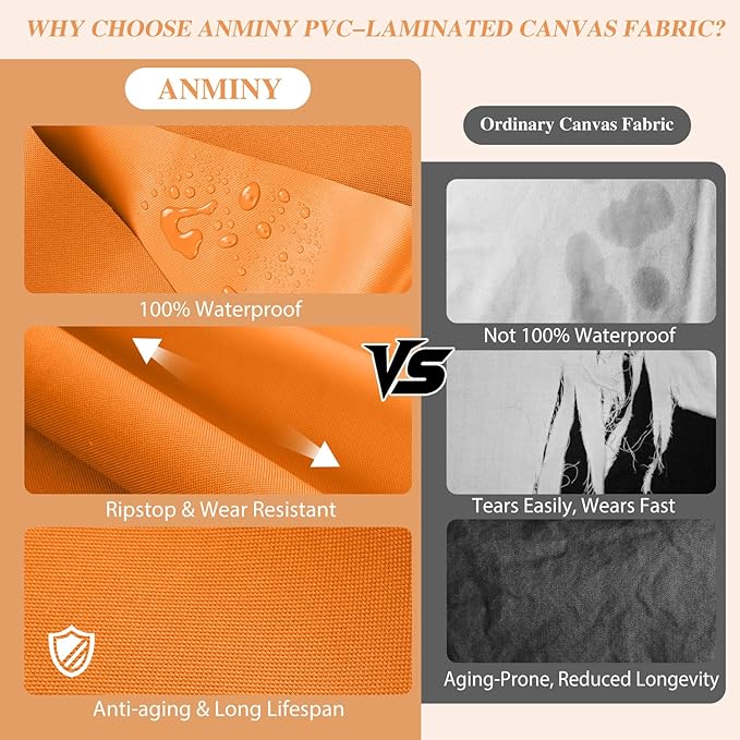 ANMINY 100% Waterproof Outdoor Fabric 8 Yards, 58" W 600D Marine Canvas Fabric with PVC Backing, Ripstop Upholstery Material by The Yard for Furniture Boat Covers Tent Awning, Orange