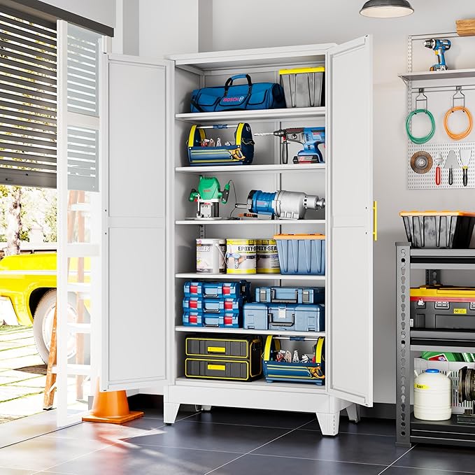 White Metal Storage Cabinet,75" Steel Cabinets for Home Office, Kitchen Pantry Storage Cabinet with Doors and 5 Adjustable Shelves, Tool Cabinets, for Office, Home, Garage, School, 36" W