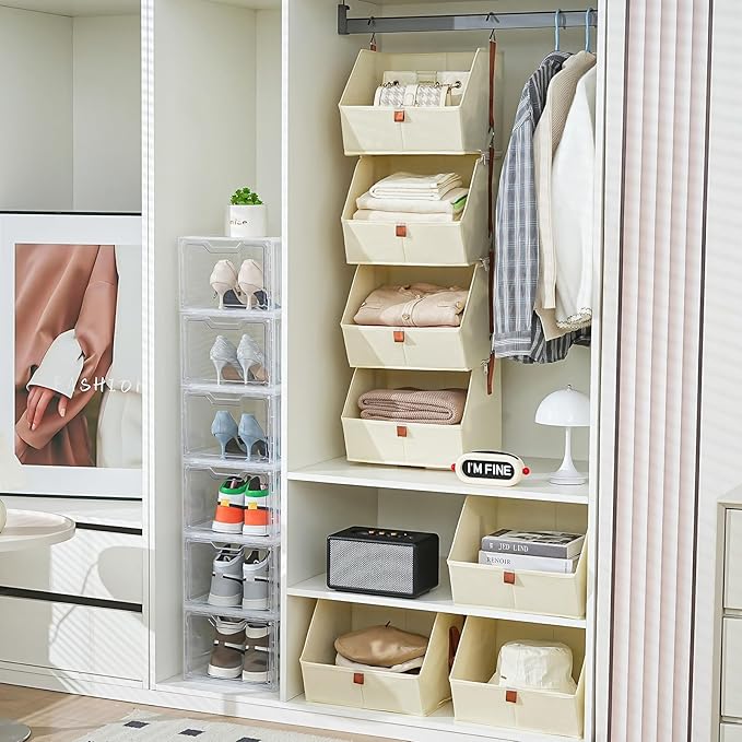 4 Tier Hanging Closet Organizer,Disassemblable Clothes Hanging Shelves,Fabric Closet Organizer System for Space-Saving,Foldable Storage Basket for Bedroom, Rv (1 Pack,Beige)