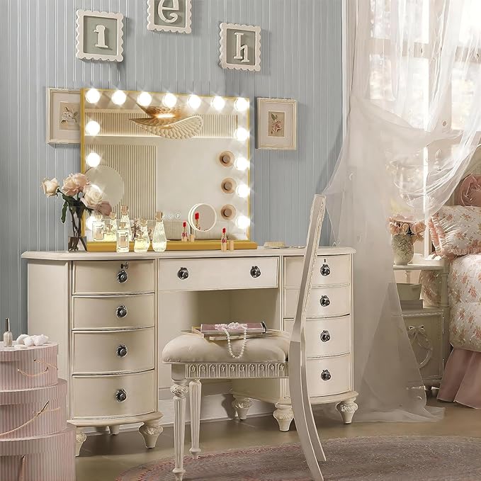 Ratsamee Gold Hollywood Vanity Mirror with Lights, 15 Dimmable Bulbs, 3 Color Lights,Make Up Lighted Mirror, Aluminum Metal Frame, USB Charging Port（23" x 18"）