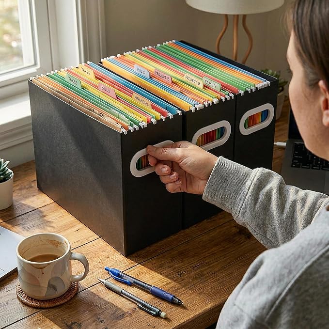 Hanging File Organizer Box, 3 Pack Black Cardboard File Folder Holder for Letter Size, Portable Desk Document Storage with Handles, for Office,Home,School