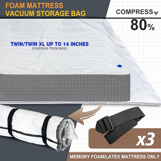 Twin Size Mattress Vacuum Bag for Memory Foam/Latex Mattress Upto 14 Inch, Moving Shipping and Storage, Waterproof and Airtight with 3 Adjustable Straps