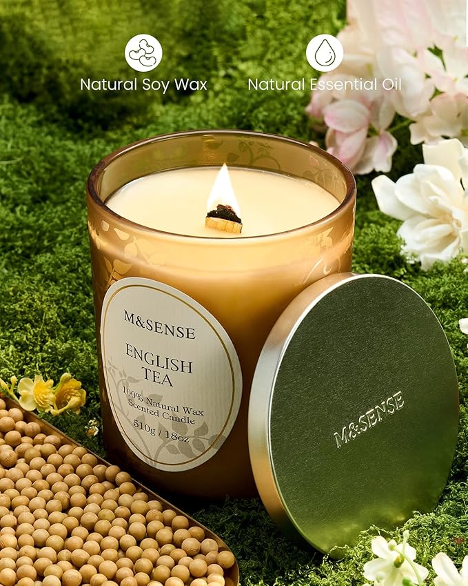 M&SENSE English Tea Soy Candle, Cracking Wooden Wick 18oz 100 Hours Long Lasting Clean Burn, Large Jar Winter Aromatherapy Candle for Home Decor, Non-Toxic Relaxing Gifts for Women