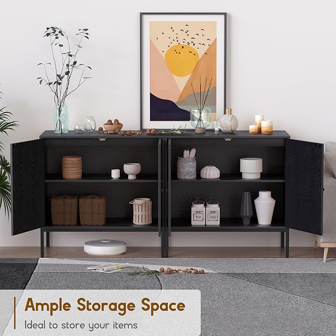 XIAO WEI Sideboard Buffet Cabinet with 2 Natural Rattan Decorated Doors, 31.5" W Accent Rattan Cabinet, Boho Credenza Storage Cabinet, for Living Room Dining Room Hallway, Metal Legs, Black(2 PCS)