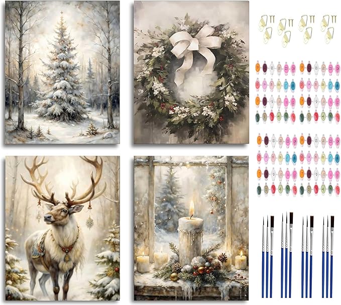 Paint by Number Kit for Adults & Kids, 4 Pack Winter Christmas Scenes (Reindeer, Snowy Tree, Candle Display, Wreath) 12x16Inch Framed, DIY Acrylic Painting Kit with Brushes & Paints