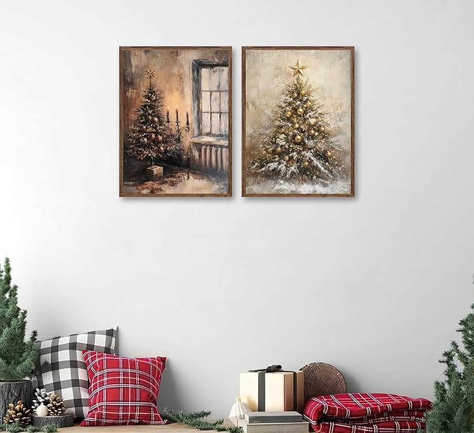 Paint by Number Kit, 2 Pack Christmas Scenes (16x20 Inch Each) - Vintage Tree with Candles & Golden Snowy Tree, DIY Acrylic Painting Kits for Adults Home Decor Unframed