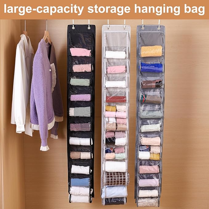 Legging Organizer for Closet Hanging 20 Pockets, Clear Hanging Legging Organizer Closet, Oxford Cloth Legging Storage for Wardrobe Behind Door(2Pack*Black)