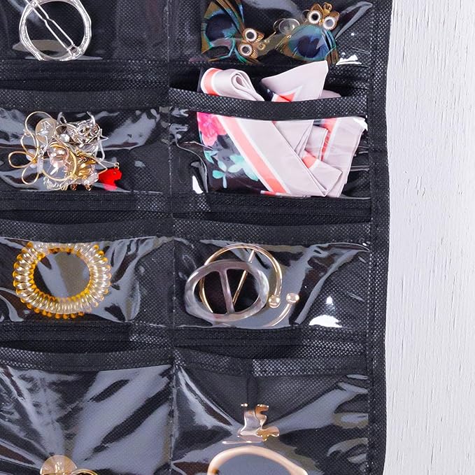 Bloss Hanging Jewelry Organizer, 2 Sided 80 Pocket Jewelry Chain Storage Bag 2 Layer of Fabric Jewelry Organizer for Necklace Bracelet Earring Ring Chain, Earring Holder - Black