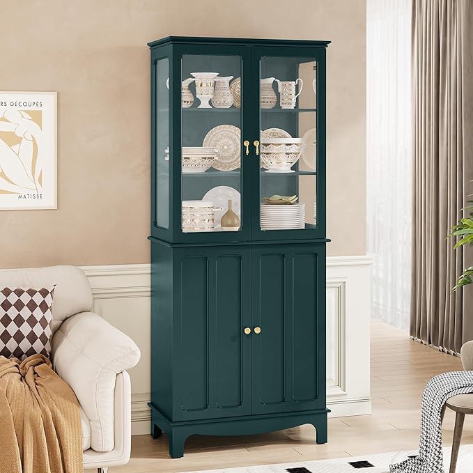 72" Tall Kitchen Pantry Cabinet with Glass Door and Adjustable Shelves, Vintage Food Storage Cabinet for Kitchen, Dining Room, Living Room, Teal