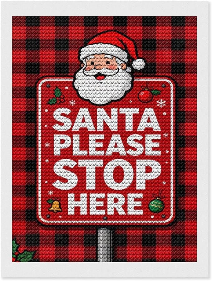 AIVKIEJK Diamond Painting Kits for Adults - Holly & Stars, Santa Please Stop Here Painting DIY 5D Full Drill Diamond Dots Paintings with Diamonds Gem Art and Crafts Home Decor 12"x16"
