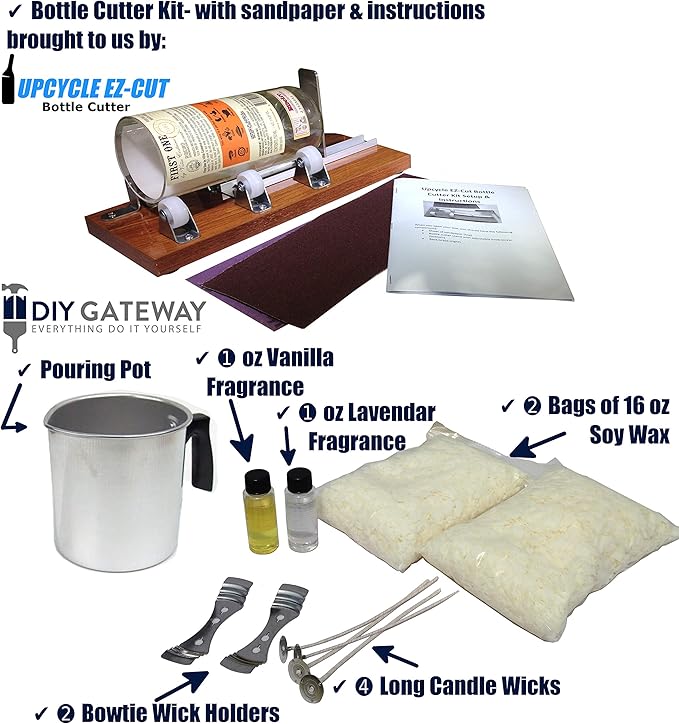 DIY Gateway Deluxe Candle Making Kit & Supplies – with Glass Bottle Cutter to Make Candles Out of Wine Bottles – with 2 LB Soy Wax, 2 Scents, Wicks + Holders & Pitcher