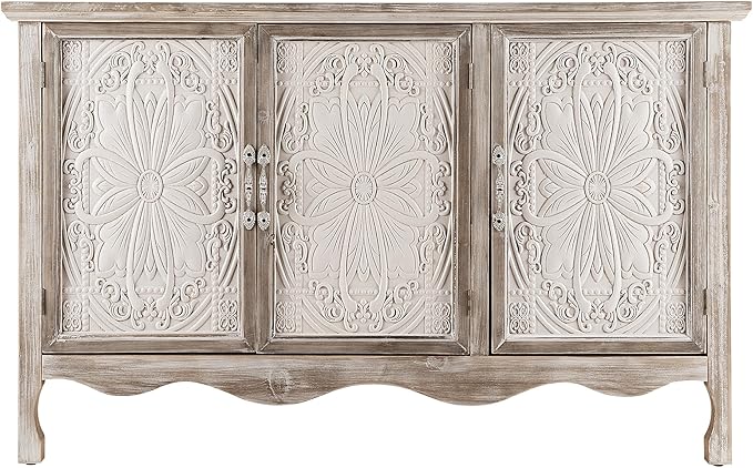 RoyalCraft Buffet Cabinet with Storage, Vintage Solid Wood Sideboard with 3 Carved Doors, Painted Coffee Bar Console Table for Dining Room, Living Room, Kitchen, Distressed Black