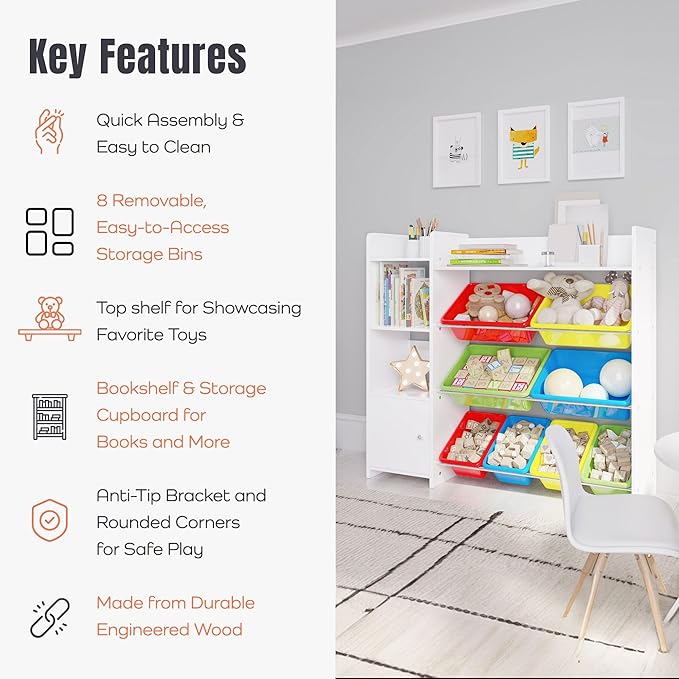 Toy Storage Organizer with Bookshelf, Kids Playroom Organization Shelving Unit with Removable Colorful Storage Bins & Anti-Tip Bracket, Multi-Color