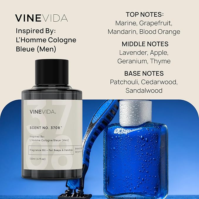 VINEVIDA [4 Oz] Inspired by: L'Homme Cologne Bleue (Men); Fragrance Oil for Candle Making and Soap Making - Premium Candle Scents for Soy Candles