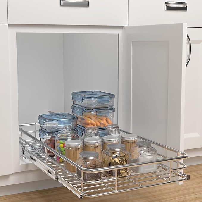 JOWBOOW Pull Out Cabinet Organizer 17" W x 21" D, Put Out Shelves for Kitchen Cabinets, Roll Out Drawers Heavy-Duty Metal Sliding Shelf, Bottom Mount