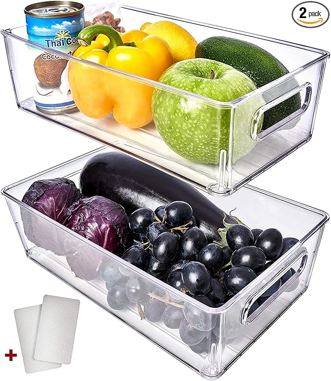 fullstar Fridge Organizer Bins Refrigerator Organizer - Set of 2 Refrigerator Organizer Bins and Freezer Organizer. Clear Storage Bins with Handles for Pantry Organization and Storage