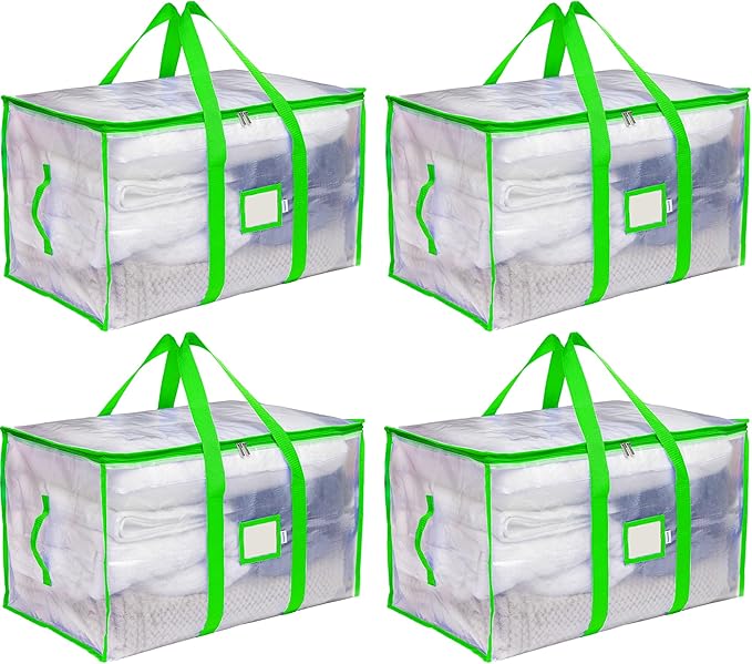 Storage and Moving Bags - Heavy Duty, Dust Protection and Water Resistant, Durable Zipper Closure and Sturdy Handles Best Moving Boxes Alternative (Green, 4 Pack)