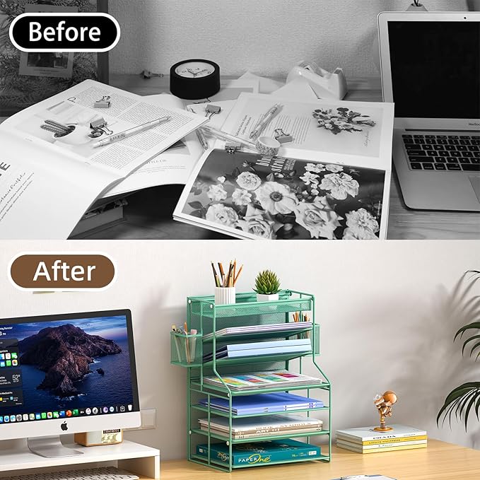 7 Tier Desk File Organizer,Metal Document Holder with Adjustable Shelves, Pull-Out Drawer & Removable Pen Holder for Office Organization,Green