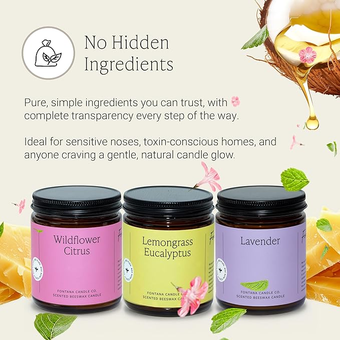Fontana Candle Co Wood Wick Beeswax Jar Candle, Spring Bundle – Made Safe with Coconut Oil & Pure Essential Oils – 35+ Hrs Clean Burn, Long Lasting and Non-Toxic Candles for Home & Room Decor