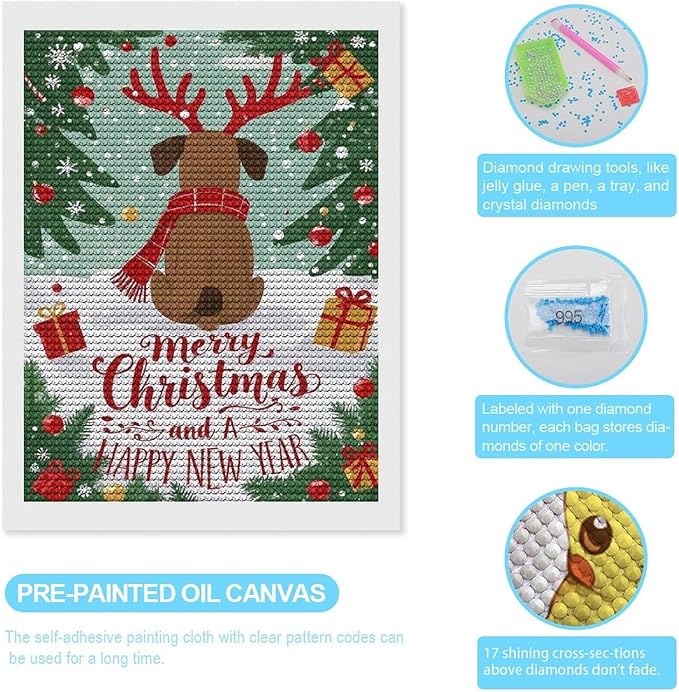 Diamond Painting Kits for Adults - Merry Christmas And Happy New Year Red Antlers & Scarf Painting DIY 5D Full Drill Diamond Dots Paintings with Diamonds Gem Art And Crafts Home Decor 12"x16"