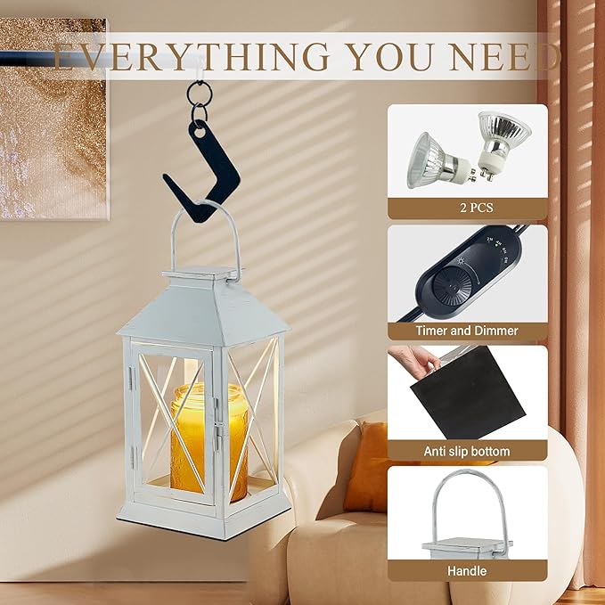 Candle Warmer Lamp with Timer,Cande Warmer Lantern for Jar Candle,Dimmable Candle Lamp Warmer Farmhouse Heat Lamp with 2 Bulbs,Auto Shut Off & Adjustable Brightness-White