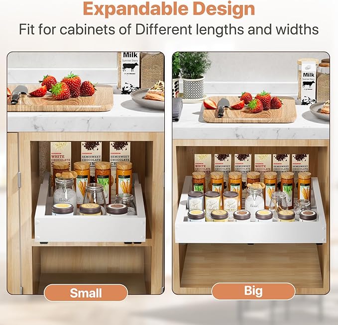 2 Pack Pull out Cabinet Organizer, Width (10"-16") Depth (17"-25"), with 3 Rails Adjustable Slide, Expandable Pullout Drawers for Cabinets, No Drill Adhesive Kitchen Drawers for Pantry Shelves