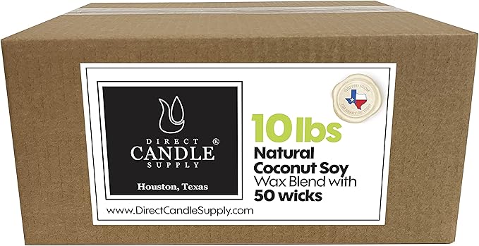 Direct Candle Supply - Coconut Soy Wax Blend for Candle Making - 10 lb. Creamy Blend for High Load Fragrance Formulation + 50 5-Inch pre-Waxed German/American Wicks (10lb + 50 Wicks)
