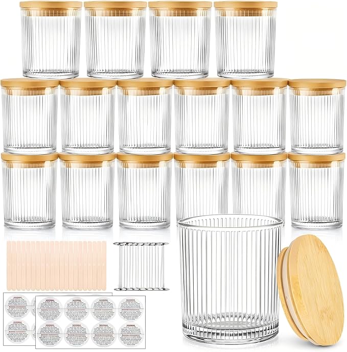 CONNOO 16 Pack 7 OZ Thick Ribbed Glass Candle Jars for Making Candles with Airtight Bamboo Lids, Wicks & Stickers, for DIY Candle Making, Bulk Orders, Gifts & Home Décor, Clear