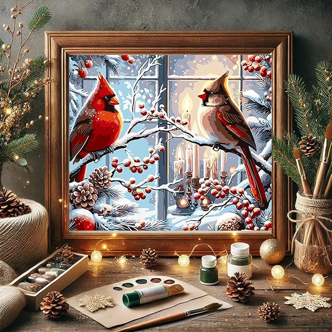 Christmas Paint by Numbers Kit for Adults Beginner , DIY Red Bird Paint By Numbers Kits, Easy Color Acrylic Paint On Canvas Candle Painting Kits Art,Home Wall Decor 12x 16 Inch (Without Frame)