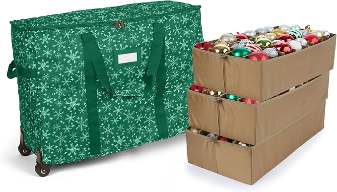 Covermates Keepsakes Rolling Adjustable Ornament Storage Bag – Heavy-Duty Polyester, FlexGrid Trays & Padded Dividers – Protective Holiday Organizer with Wheels, Handles & ID Window, Green Snowflake