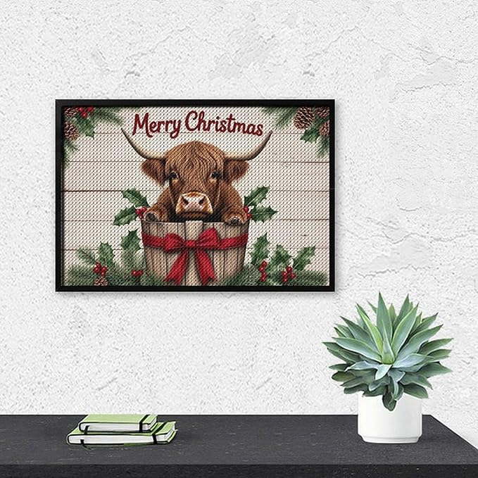 AIVKIEJK Diamond Painting Kits for Adults - Highland Cow Merry Christmas Painting DIY 5D Full Drill Diamond Dots Paintings with Diamonds Gem Art and Crafts Home Decor 8"x12"