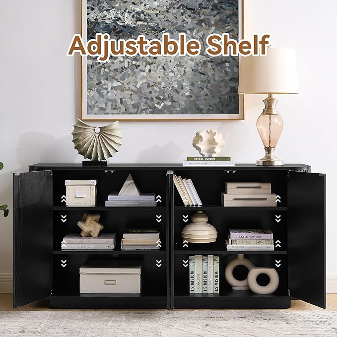 64" Sideboard Buffet Cabinet with Storage, Modern Fluted Accent Credenza with Adjustable Shelves, Wood Media Console Coffee Bar Table for Living Room Kitchen Dining Room, 31.5" H, Black