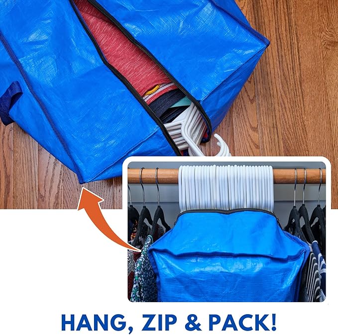 Creative Green Life Extra Large Moving Bags and Clothing Storage Bins with Strong Zipper & Carry Handles, Stackable, Heavy Duty Packing Moving Boxes for College Dorm Room Essentials (Blue, 8 Pack)