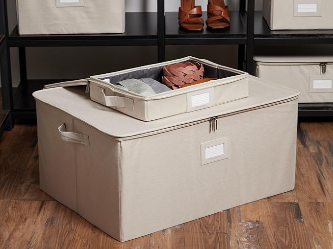 Covermates Keepsakes Zip-Top Storage Box Set, 3 Pack Heavy Duty Polyester Organizer Bins, Stackable Design, ID Window, Reinforced Handles, Closet Home Storage, Beige Heather