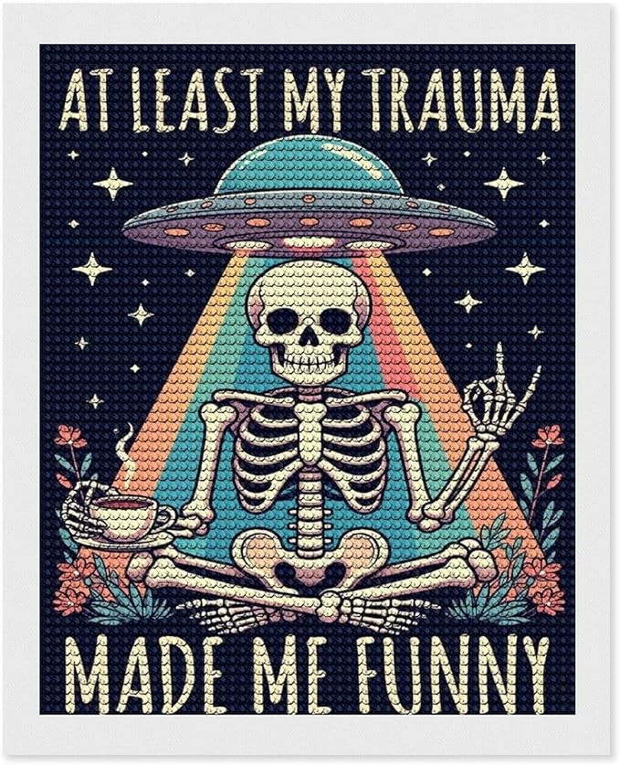 KIVJMSIDJA Diamond Art Kits for Adults Skull Skeleton “At Least My Trauma Made Me Funny” DIY Round Diamond Art for Home Wall Decor & Crafts Gifts 16"x20"