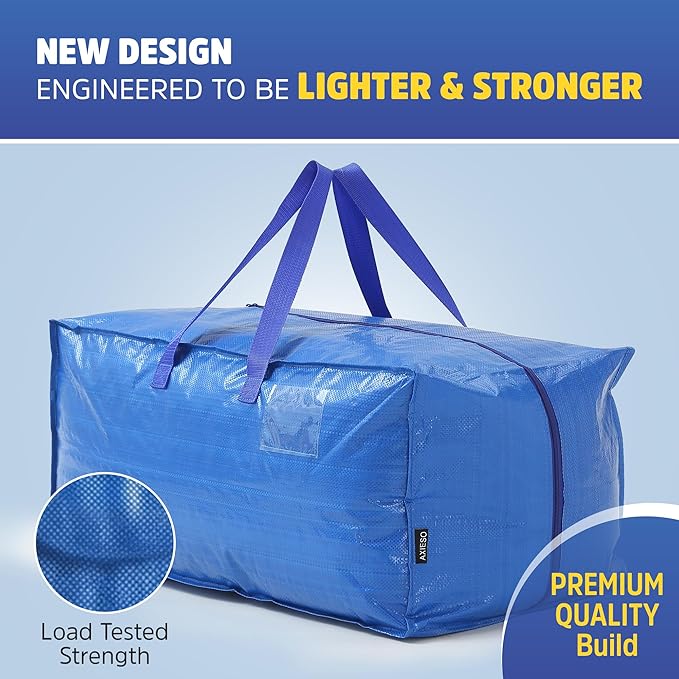 AXIESO Extra Large Moving Bags - 8-Pack Heavy Duty Storage Duffel - Sturdy Backpack Straps Handles, Zippers - Reusable Moving Storage Bags for Clothes - Folding Collapsible Storage Tote Bag Set – Blue