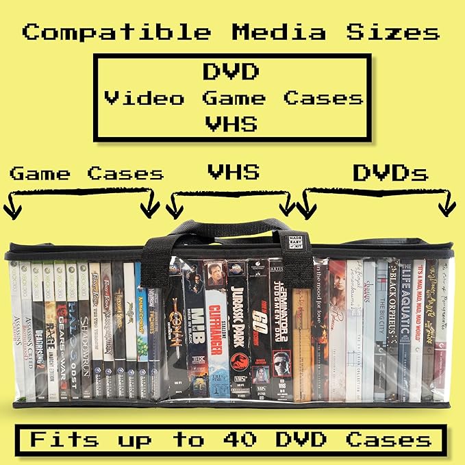 Made Easy Kit Clear View Media Storage Bag for DVDs, VHS & Video Game Cases- Protect Your Collection & Preserve The Quality of Your Cases - Stackable, Space-Saving, Fits 40 (Black DVD, 6-Pack)