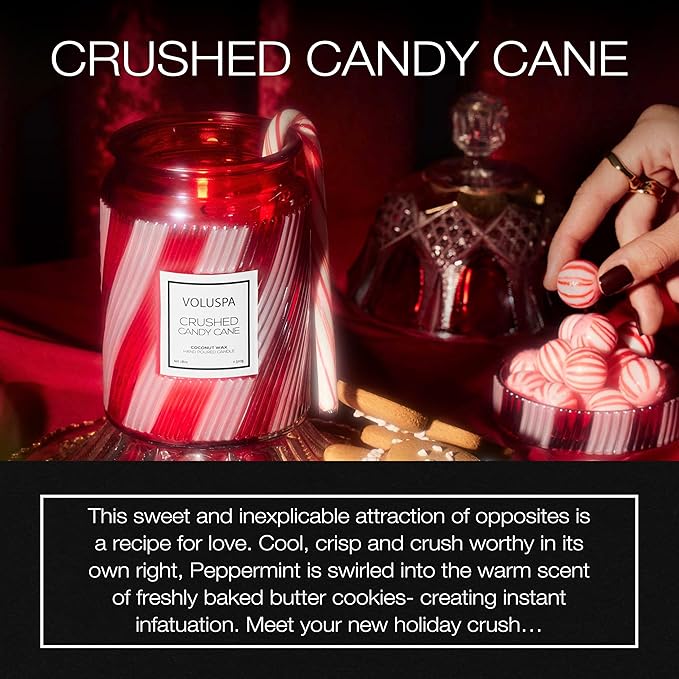 Voluspa Crushed Candy Cane, Large Candle Jar, 18 oz, 100 Hour Burn Time, Coconut Wax for Clean Burning, Handcrafted in The USA