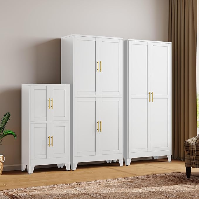 47“H White Metal Bathroom Storage Cabinet, Kitchen Pantry Cabinet with Doors and 3 Adjustable Shelves, Bathroom cabinets Organizer, for Home Office, Bedroom