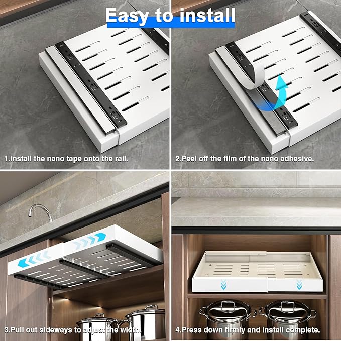 2 Pack Pull Out Cabinet Organizer, Expandable Slide Out Drawers for Kitchen Cabinets Peel and Stick Pullout Drawer Heavy Duty Sliding Shelves for Cupboard, Pantry, Bathroom(16.5" Deep, White)