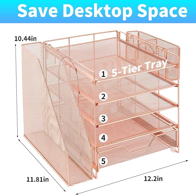 Desk Organizer, 5-Tier Paper Letter Tray Organizer with File Holder, Drawer and Pen Holder, Desktop Organizer for Office Supplies, Rose Gold
