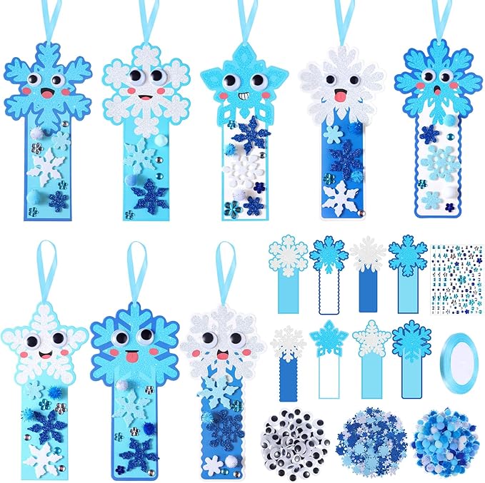 Funrous 48 Sets Winter Crafts Kit Snowflake Bookmarks Bulk DIY Make Your Own Christmas Hanging Ornaments Arts with Pompoms Diamond Stickers for Holiday Classroom Activities Wonderland Party Favors