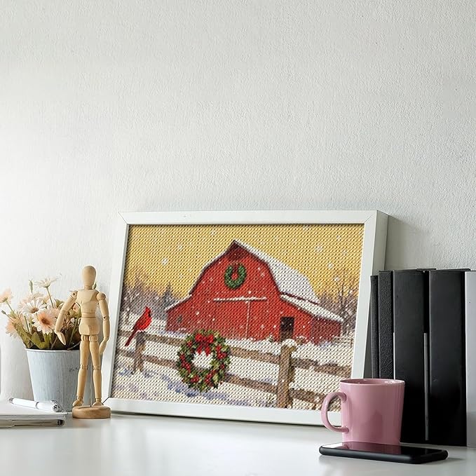 AIVKIEJK Diamond Painting Kits for Adults - Christmas Winter Cardinal, Red Barn Scene Painting DIY 5D Full Drill Diamond Dots Paintings with Diamonds Gem Art and Crafts Home Decor 8"x12"