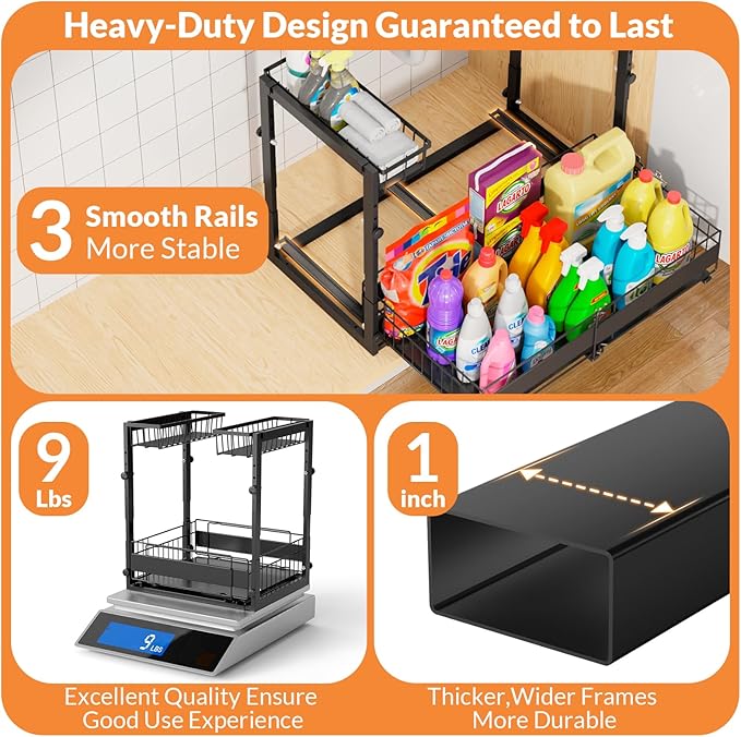 Expandable Under Sink Organizer with 5-Level Height Adjustment,2 Tier Under Sink Organizer Pull-Out Under Sink Drawers Cabinet Organizer for Kitchen & Bathroom Storage,Black,Large
