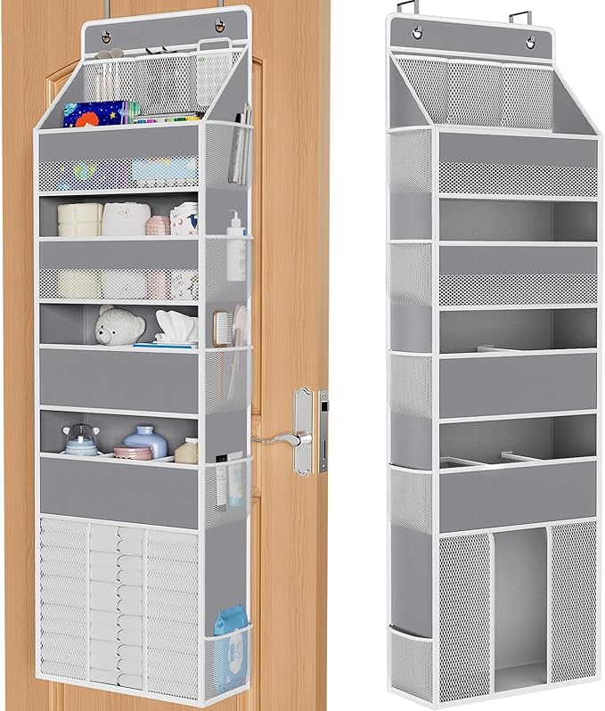 WISELIFE 5-Tier Over the Door Organizer for Hanging - 50LB Heavy-Duty Back of Door Organizer with 5 Spacious Pockets & 13 Mesh Pockets, Multipurpose Storage for Nursery, Bedroom, Closet(1 Pack, Gray)