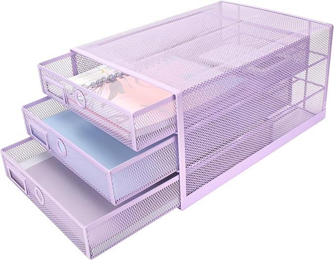 EXERZ Paper Sorter 3 Tier Drawers A4 / Multifunctional Desk Organiser/Letter Tray - Documents, Magazines, Notebooks and Letters - Light Purple